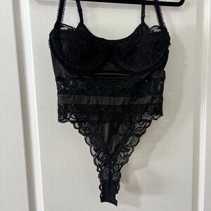 Victoria's Secret Black Lace Sexy Bodysuit 36B Lingerie Teddy With Thigh Highs